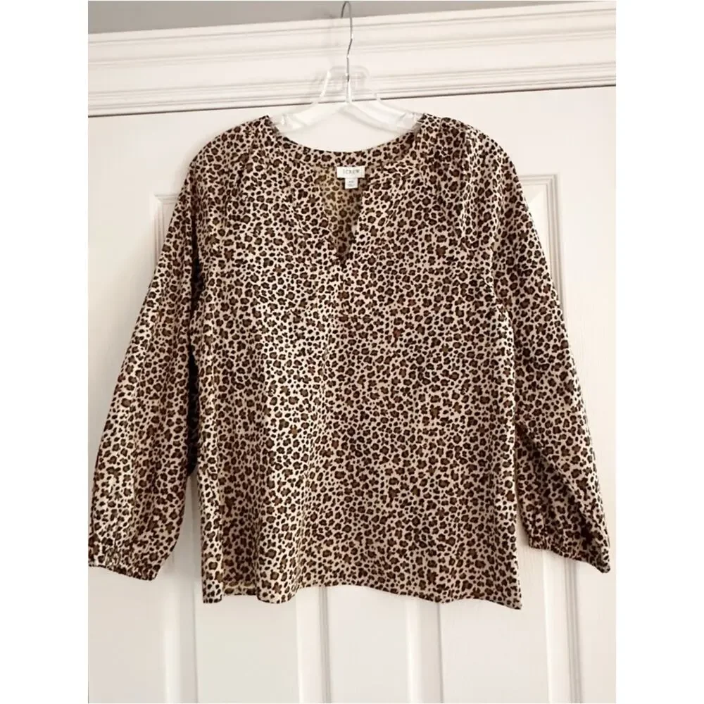 J Crew Animal Print Split Neck Blouse XS Brown Tan CI020 Shirt Top NWT Spring 25